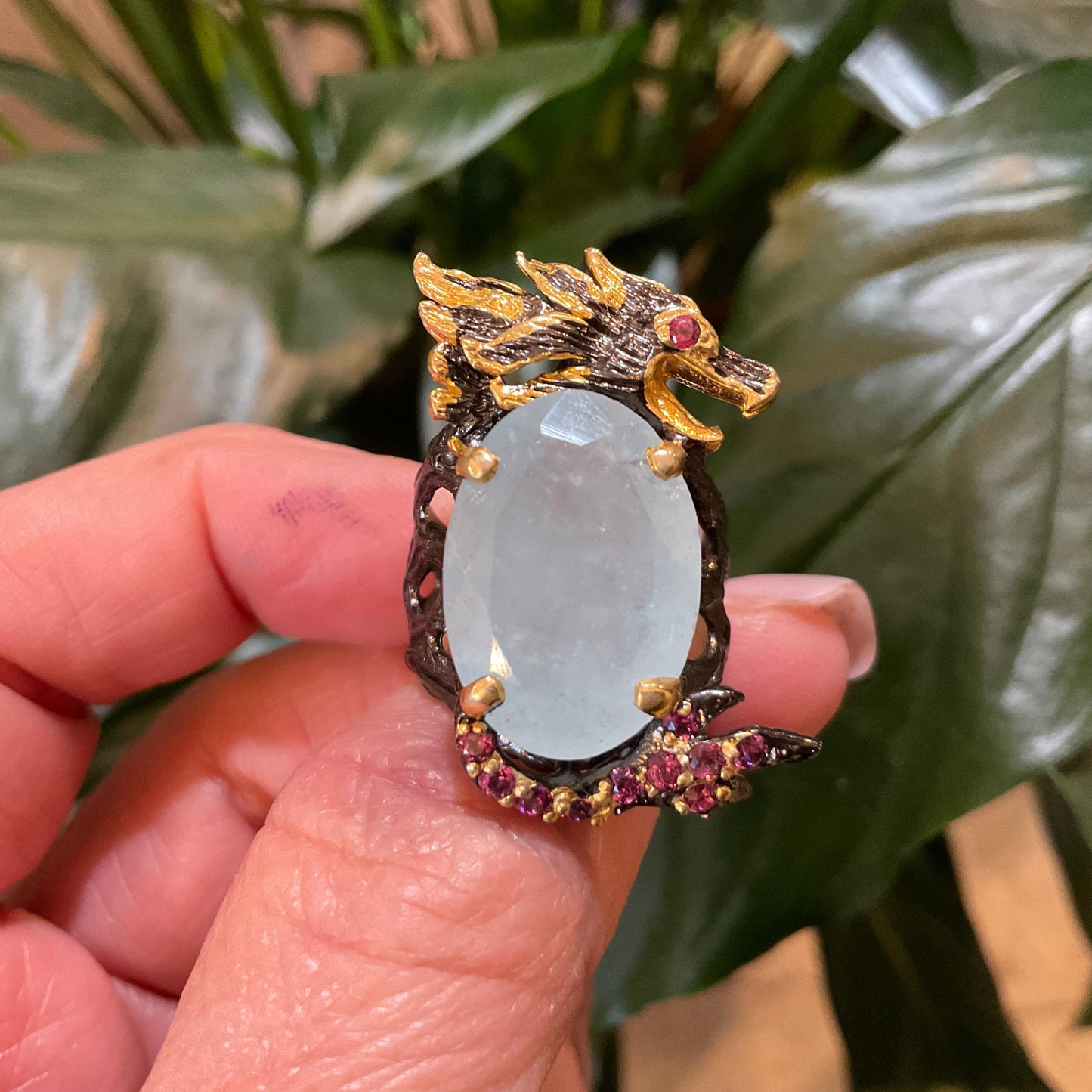 Sterling Silver blue aquamarine ring rhodolite dragon band ring 8 RESERVED Do NOT Buy