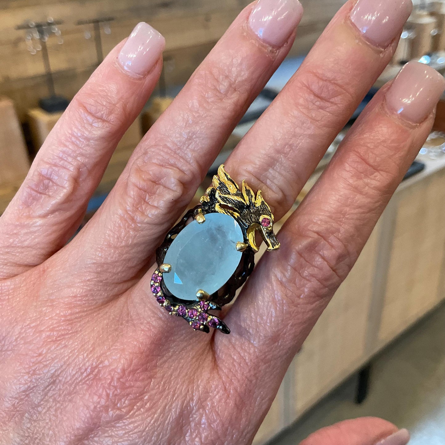 Sterling Silver blue aquamarine ring rhodolite dragon band ring 8 RESERVED Do NOT Buy