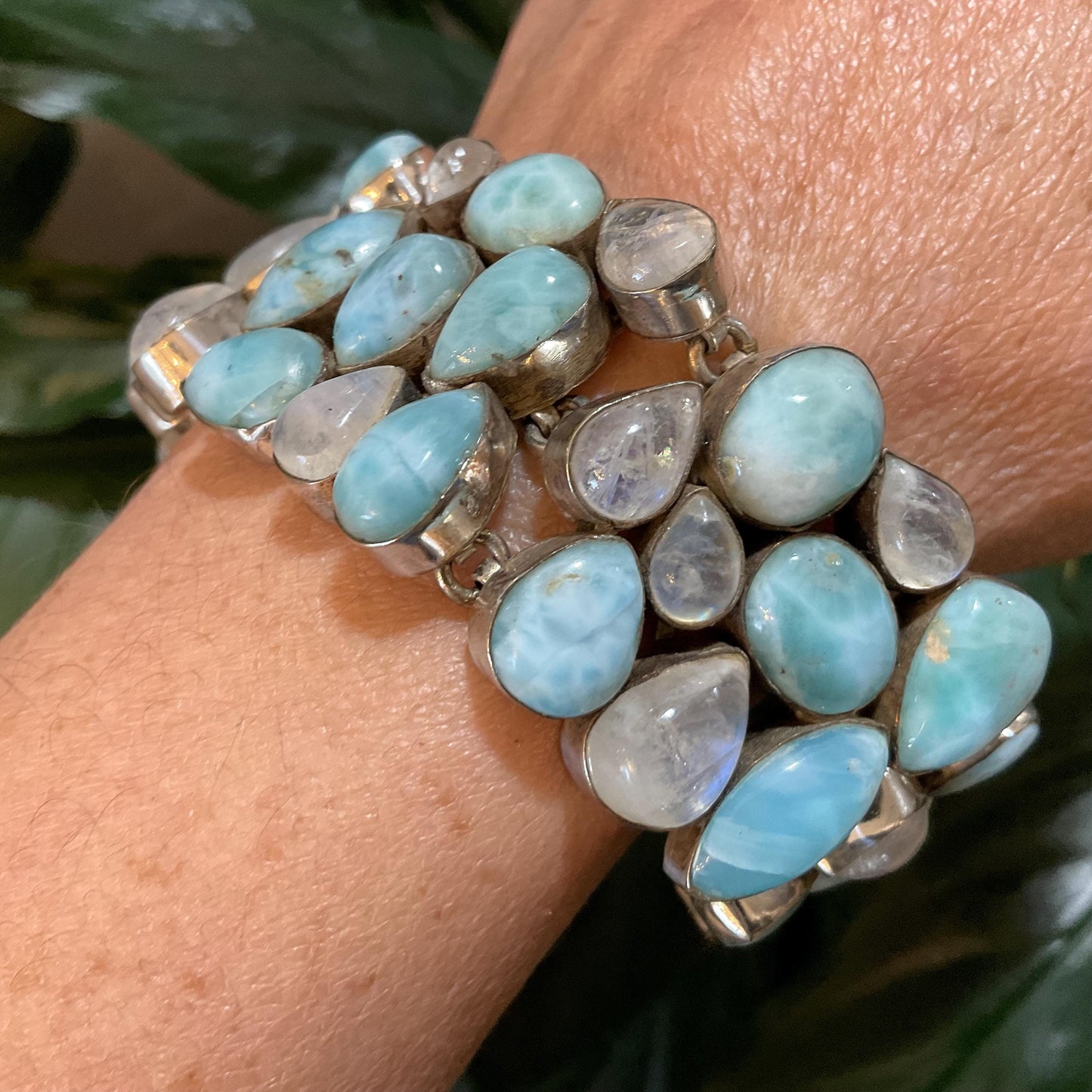 sterling silver Natural moonstone Dominican larimar cluster bracelet 6-8” toggle