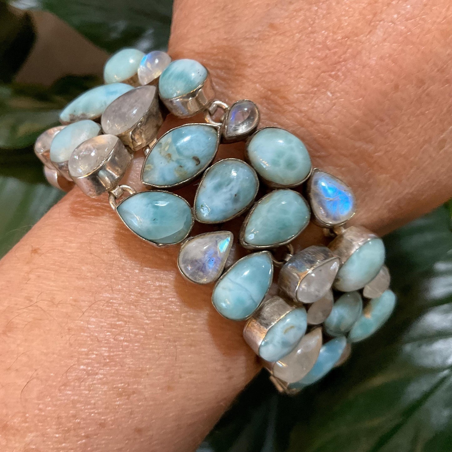 sterling silver Natural moonstone Dominican larimar cluster bracelet 6-8” toggle