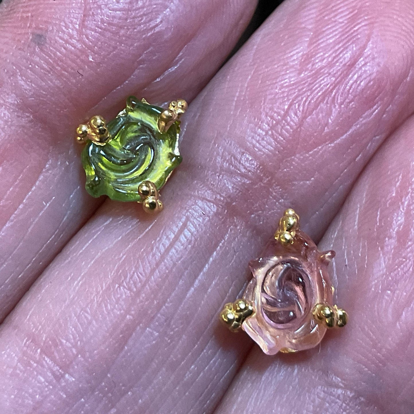 sterling Silver green pink gold tourmaline carved rose flower stud earrings