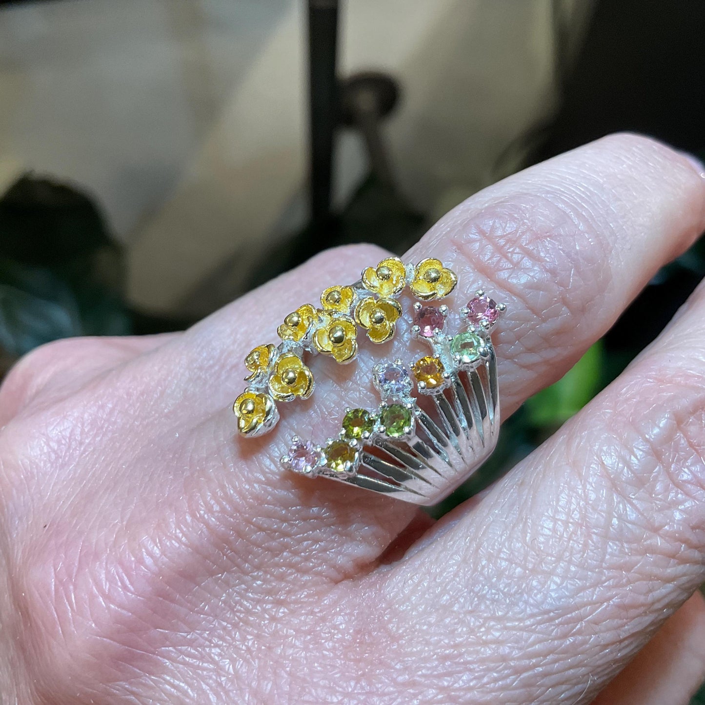 Sterling Silver Flower Tourmaline Ring - Adjustable Open Cuff