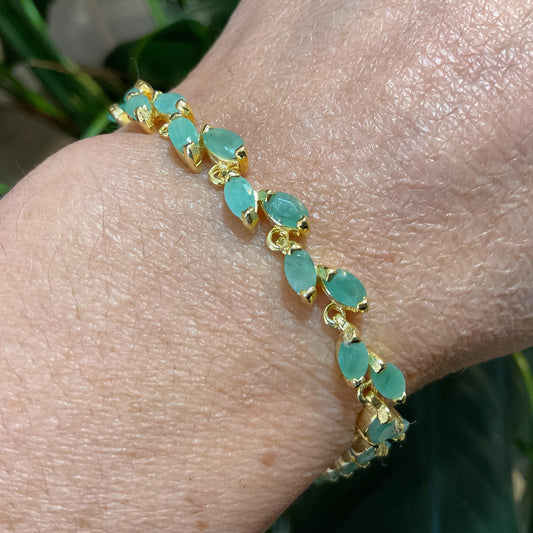 Sterling Silver Natural Marquis  Emeralds tennis gold artisan  bracelet
