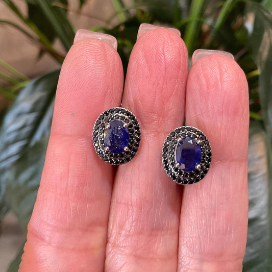 sterling silver blue sapphire black spinel Stud earrings