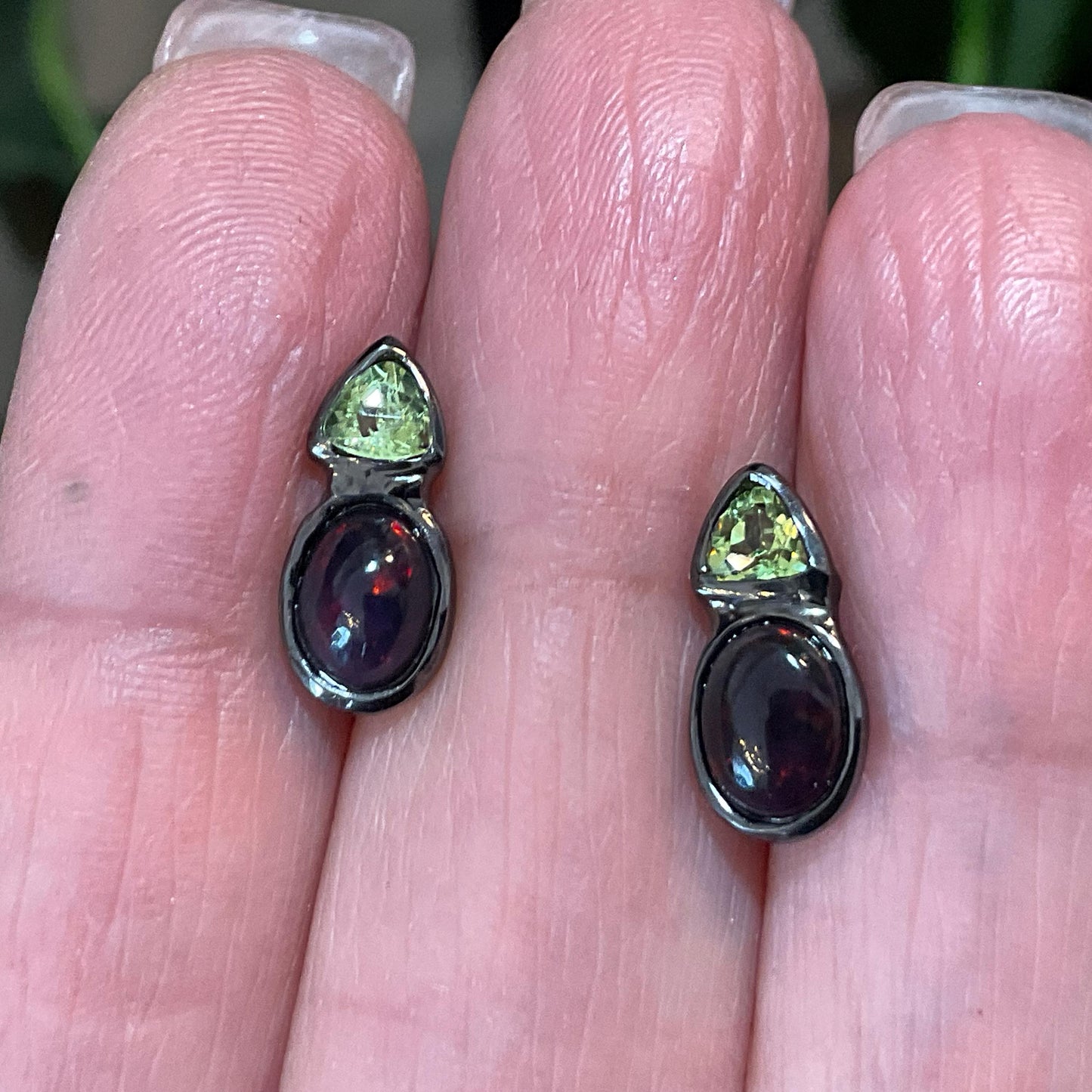 Sterling Silver black natural Opal peridot small stud Earrings