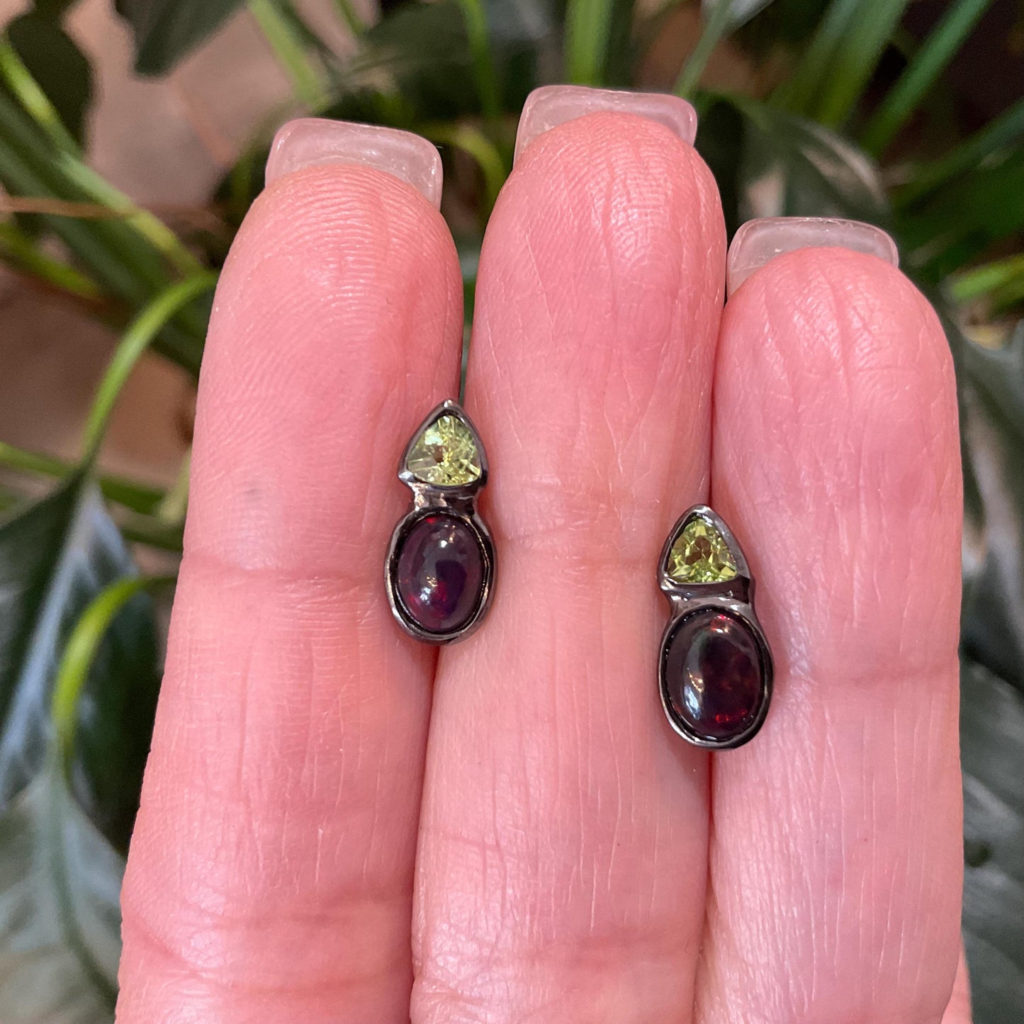 Sterling Silver black natural Opal peridot small stud Earrings