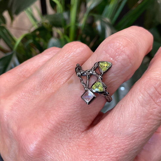 Sterling Silver peridot moonstone twig natural organic Ring 7.5