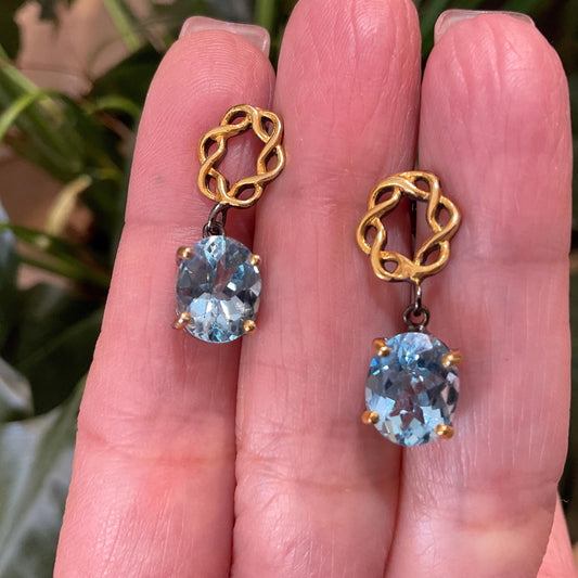 Sterling Silver blue topaz small post gold  earrings