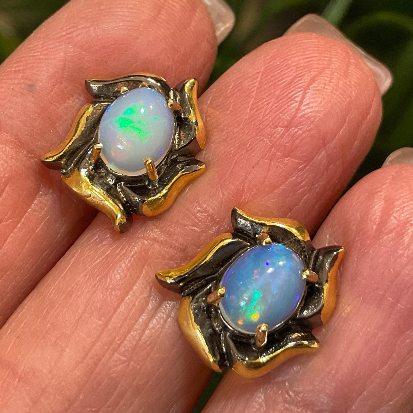 Sterling Silver Gold Natural rainbow opal stud earrings