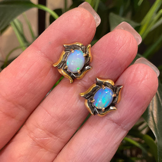 Sterling Silver Gold Natural rainbow opal stud earrings