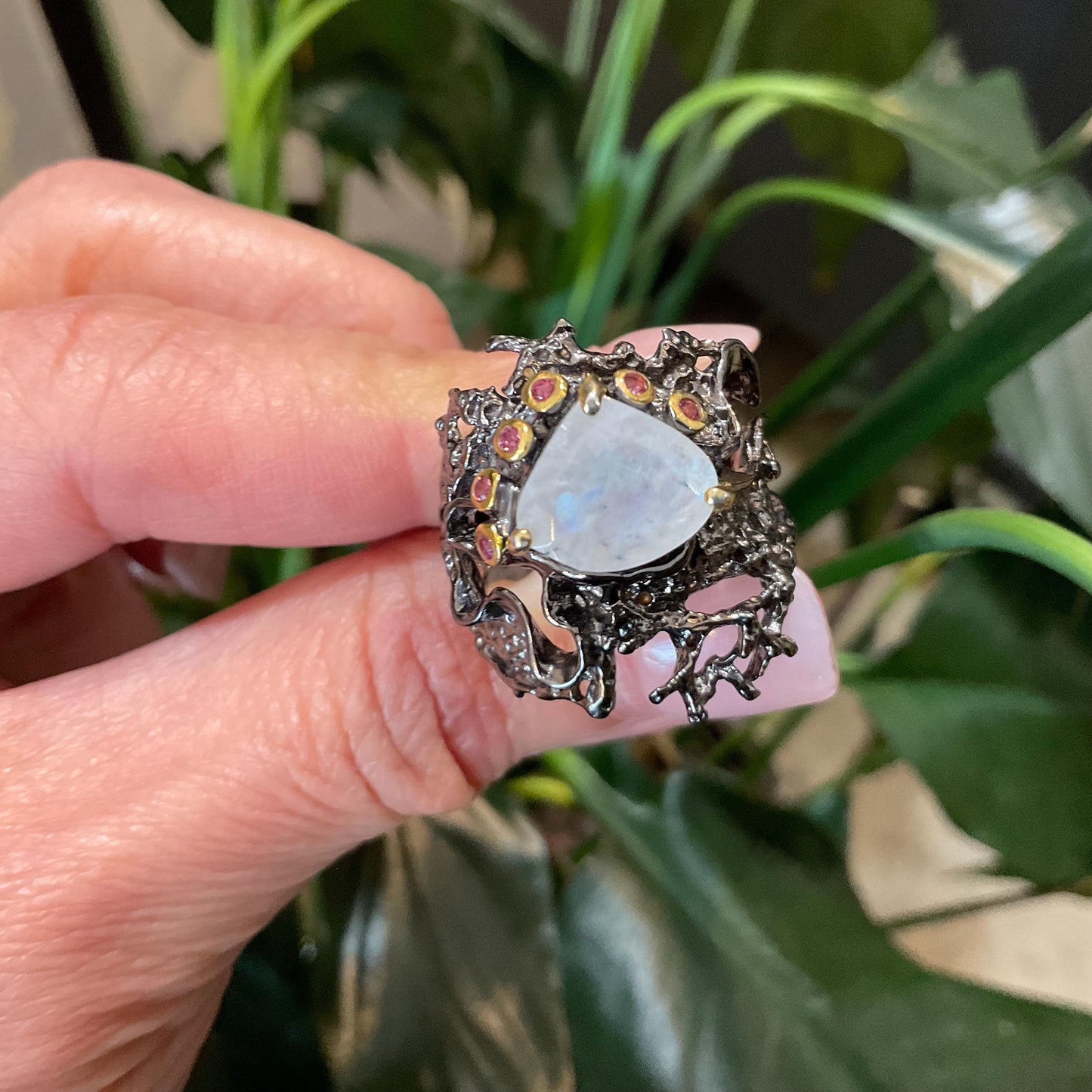 Sterling silver natural moonstone rhodolite rustic band ring 7.5
