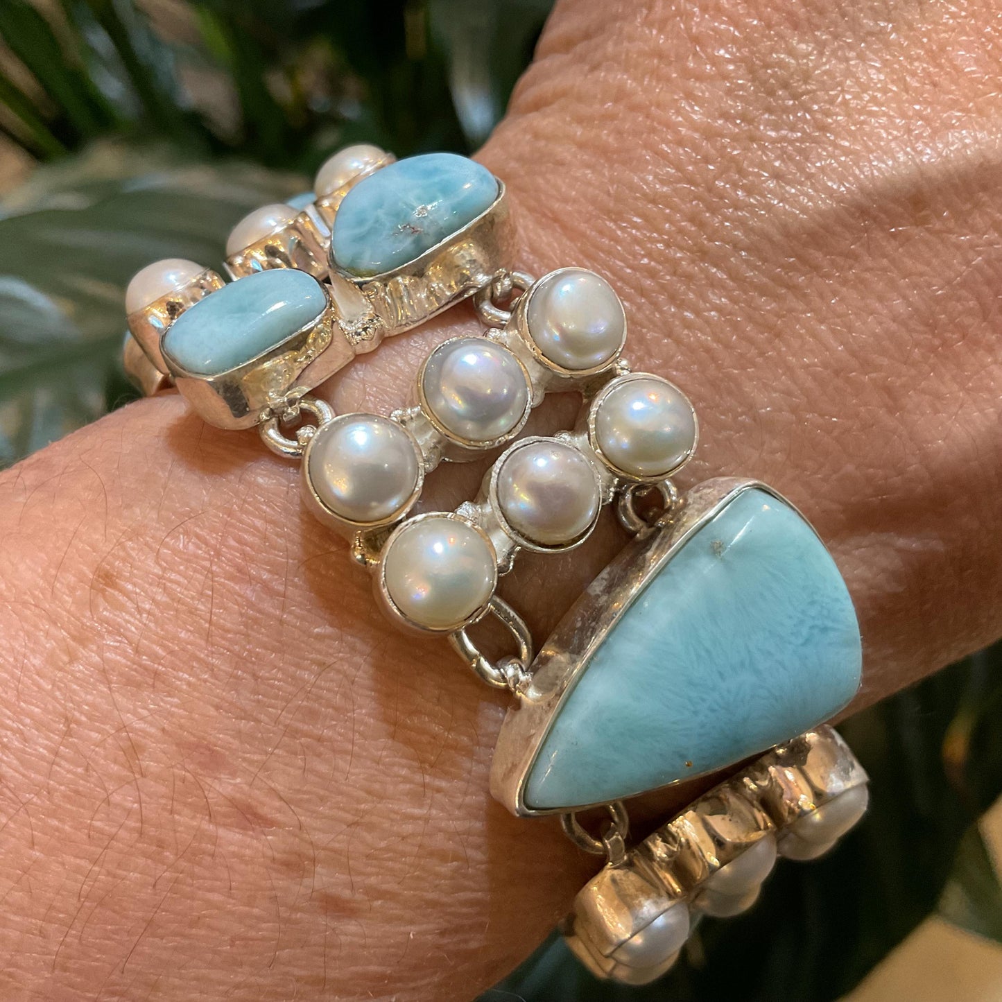 sterling silver Dominican larimar white natural pearl cluster bracelet