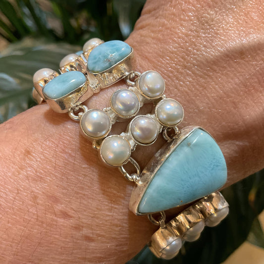 sterling silver Dominican larimar white natural pearl cluster bracelet