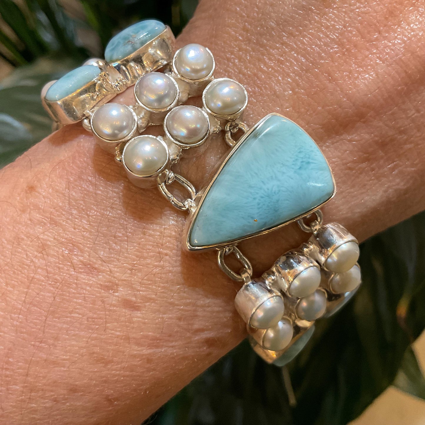 sterling silver Dominican larimar white natural pearl cluster bracelet