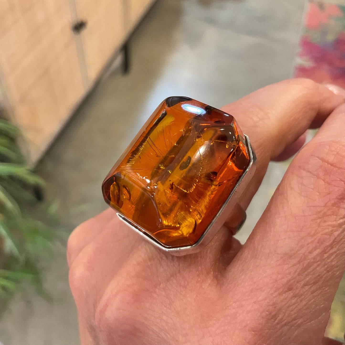 sterling silver emerald cut Baltic amber modernist ring 8.5-9 Colors Of Etnika