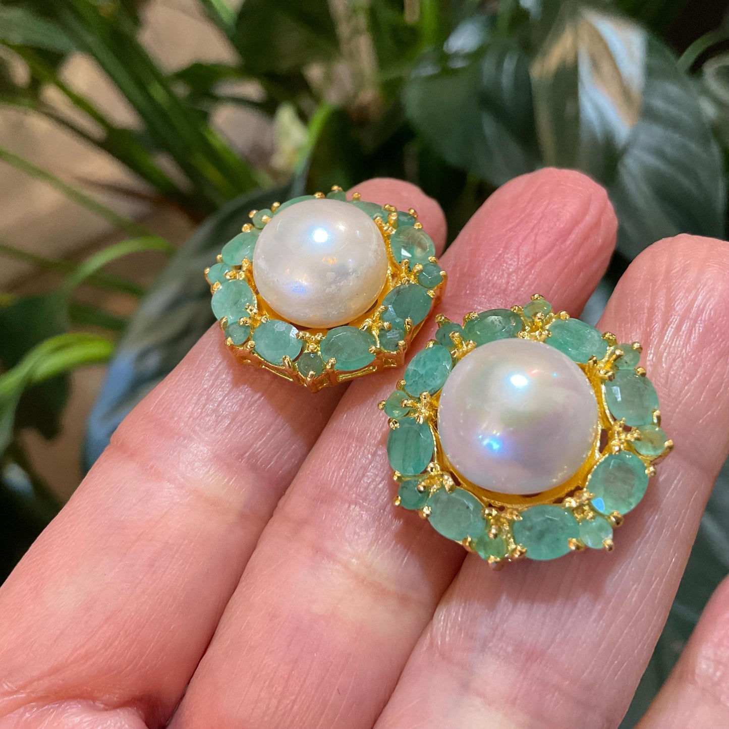 Sterling Silver natural white pearl Emerald statement post earrings