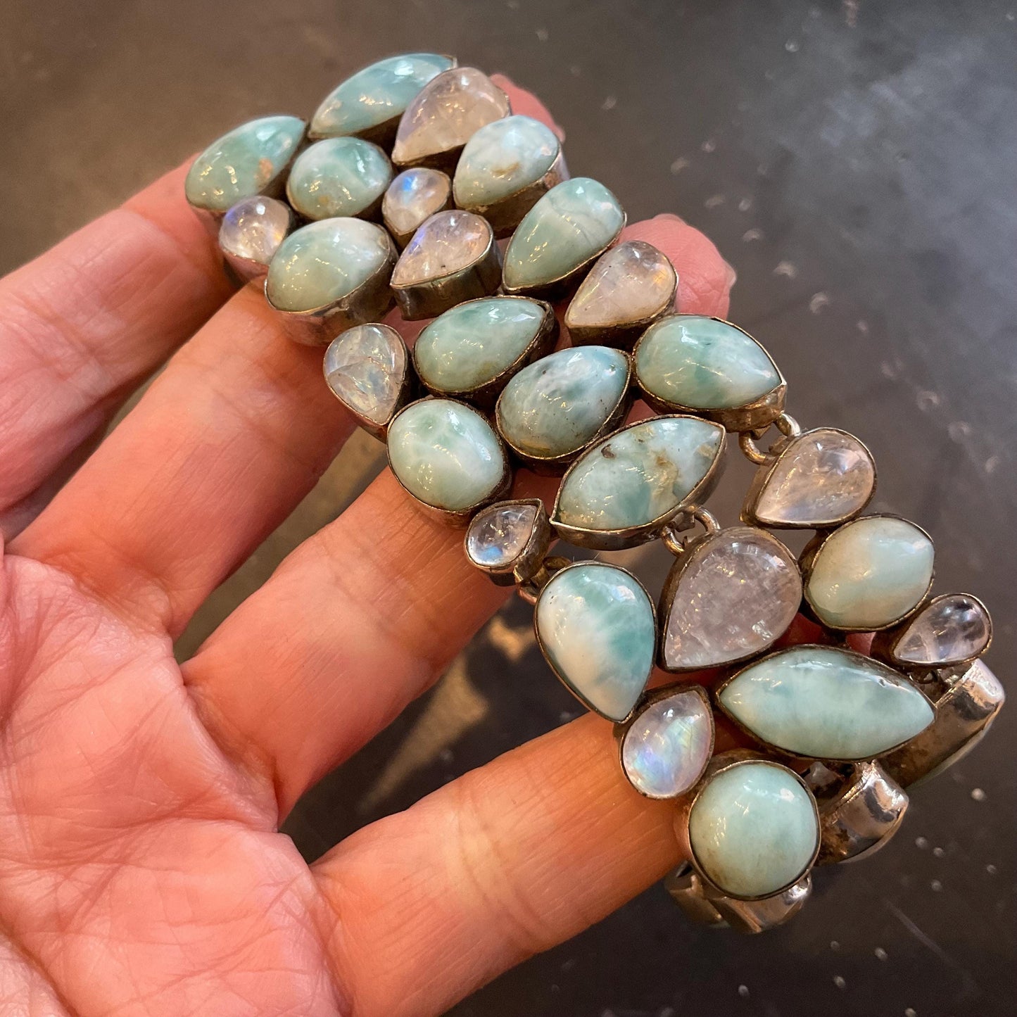 sterling silver Natural moonstone Dominican larimar cluster bracelet 6-8” toggle