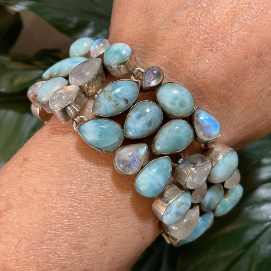 sterling silver Natural moonstone Dominican larimar cluster bracelet 6-8” toggle