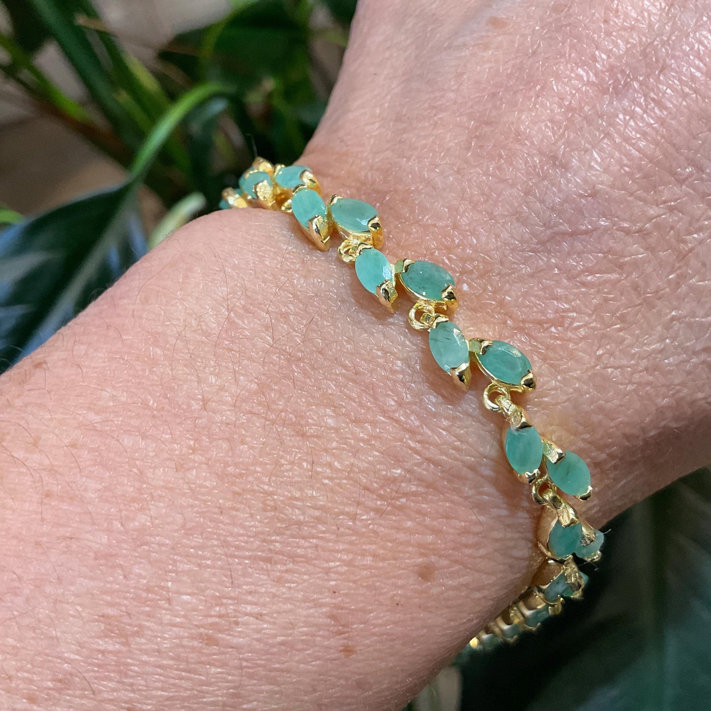 Sterling Silver Natural Marquis  Emeralds tennis gold artisan  bracelet