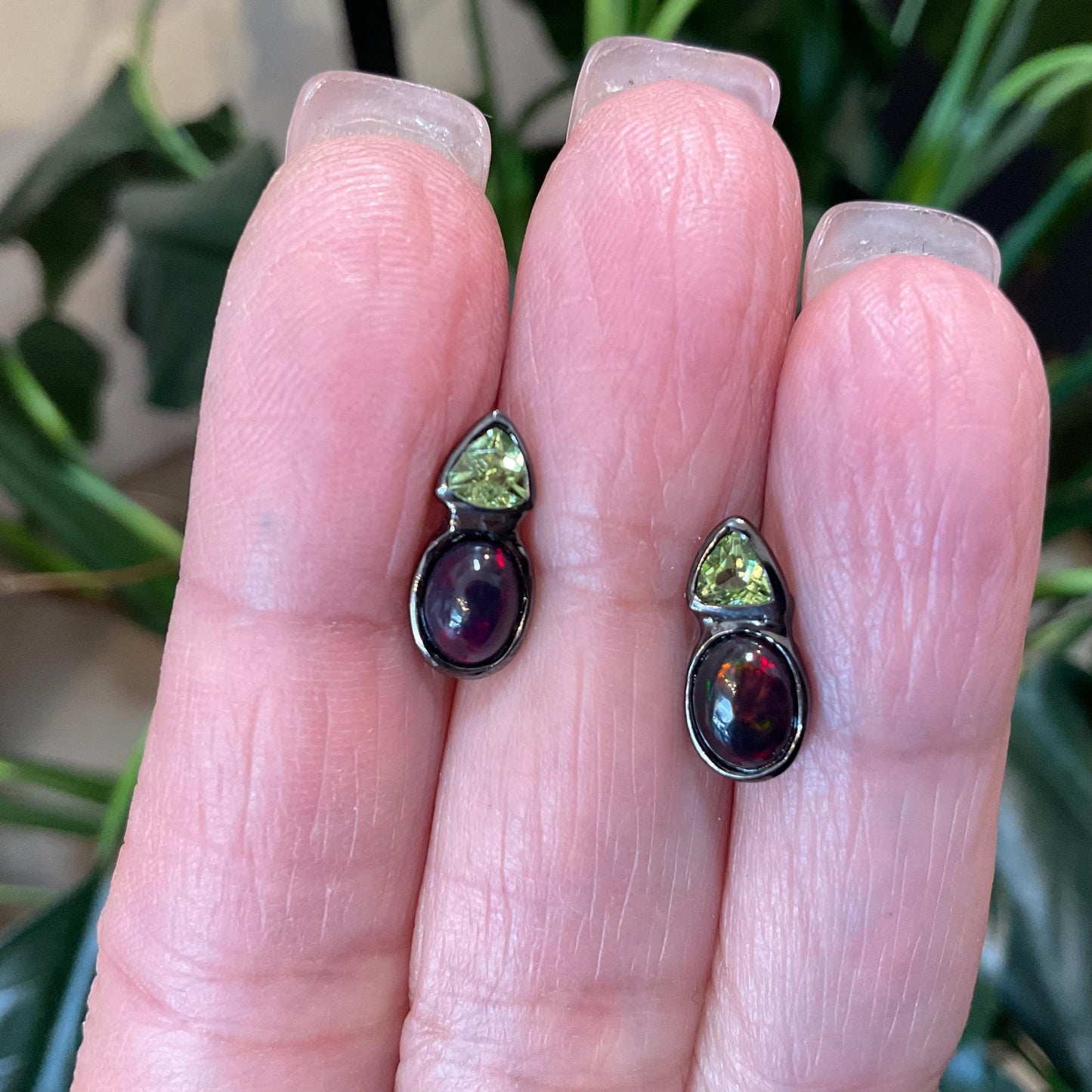Sterling Silver black natural Opal peridot small stud Earrings