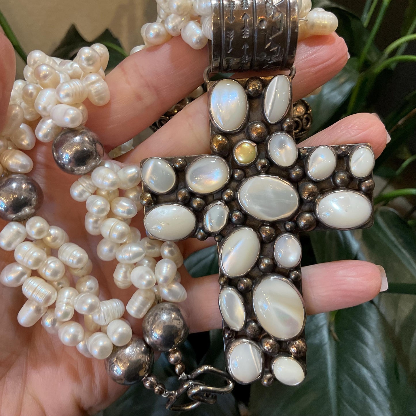 sterling silver Natural Pearl cross cat eye  Statement necklace