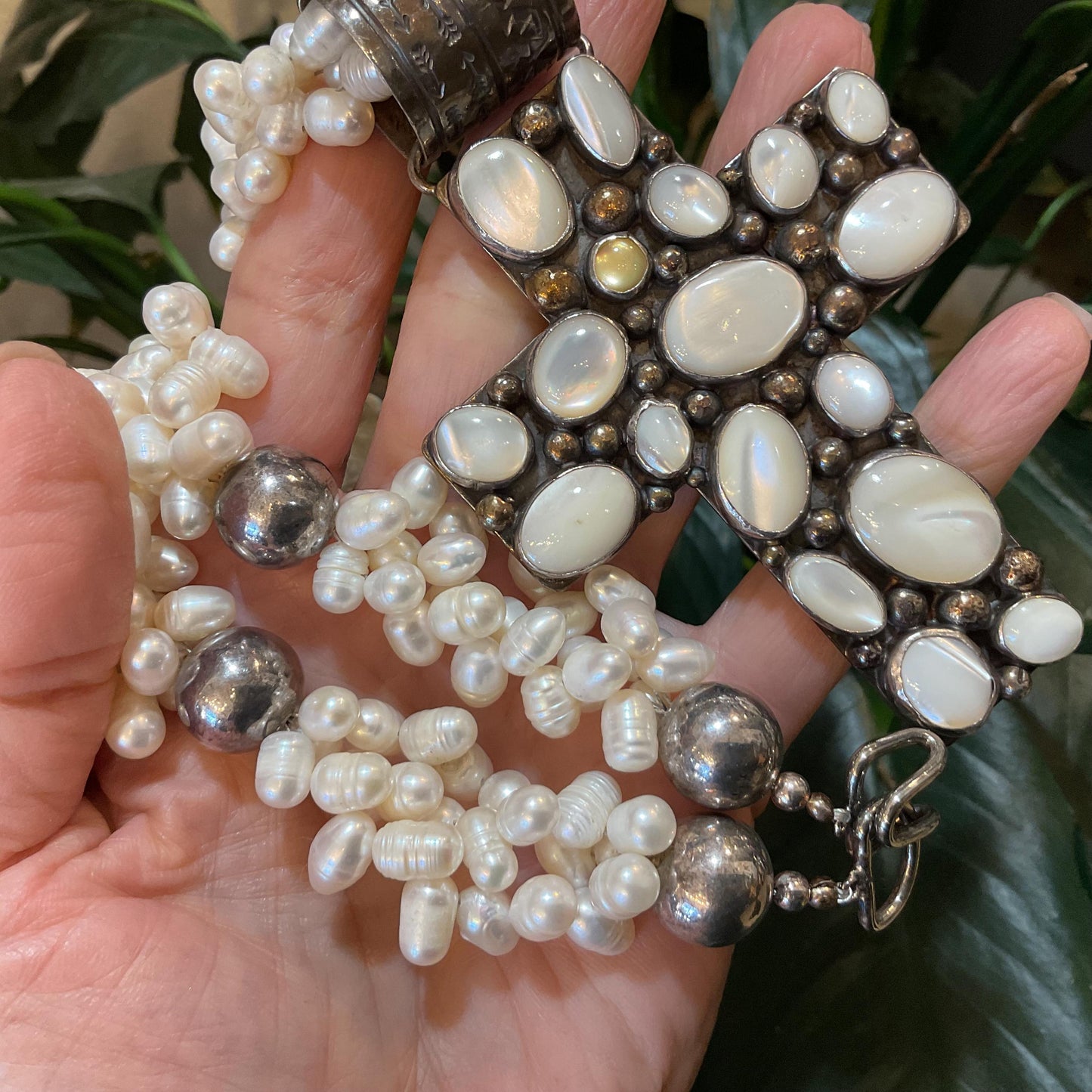 sterling silver Natural Pearl cross cat eye  Statement necklace