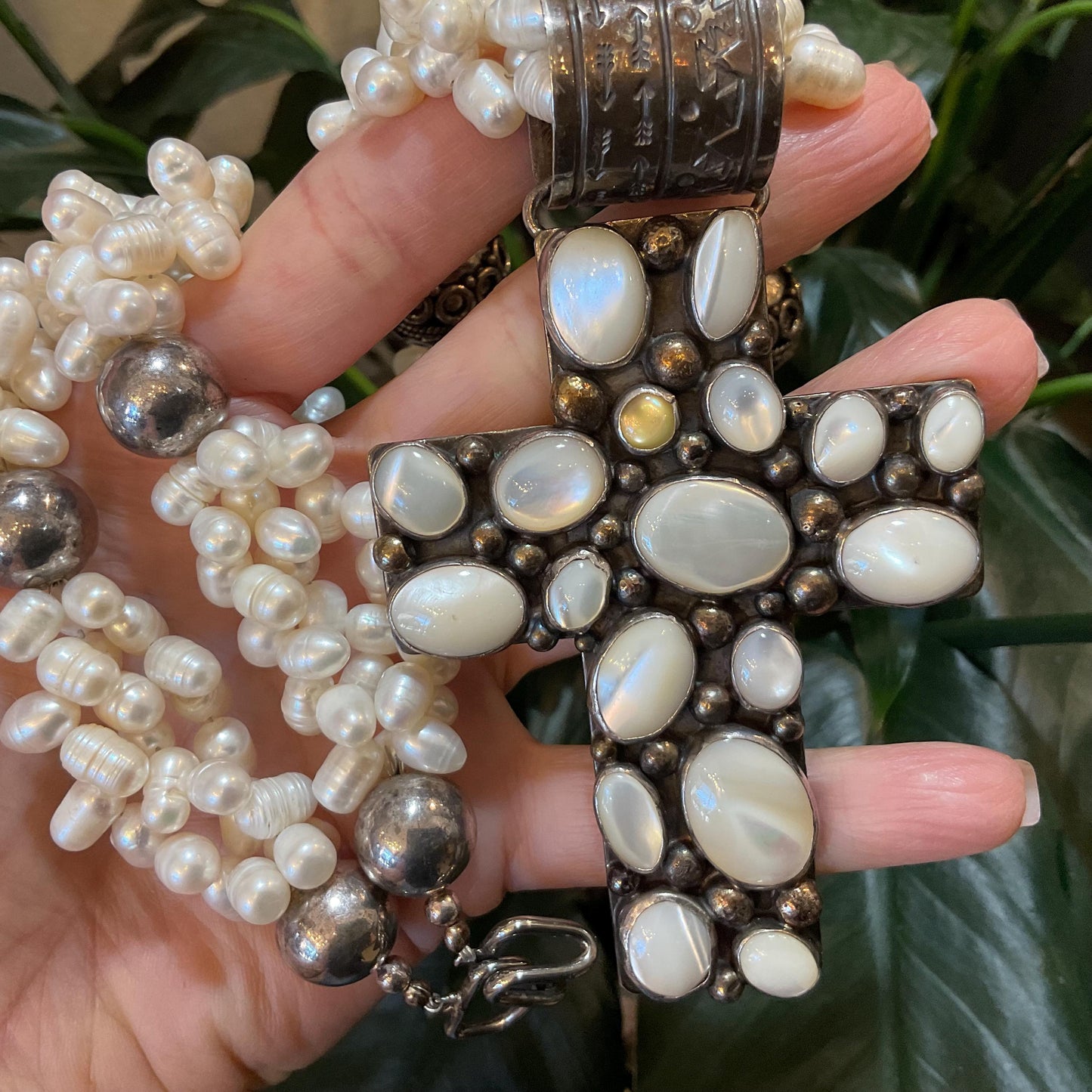sterling silver Natural Pearl cross cat eye  Statement necklace