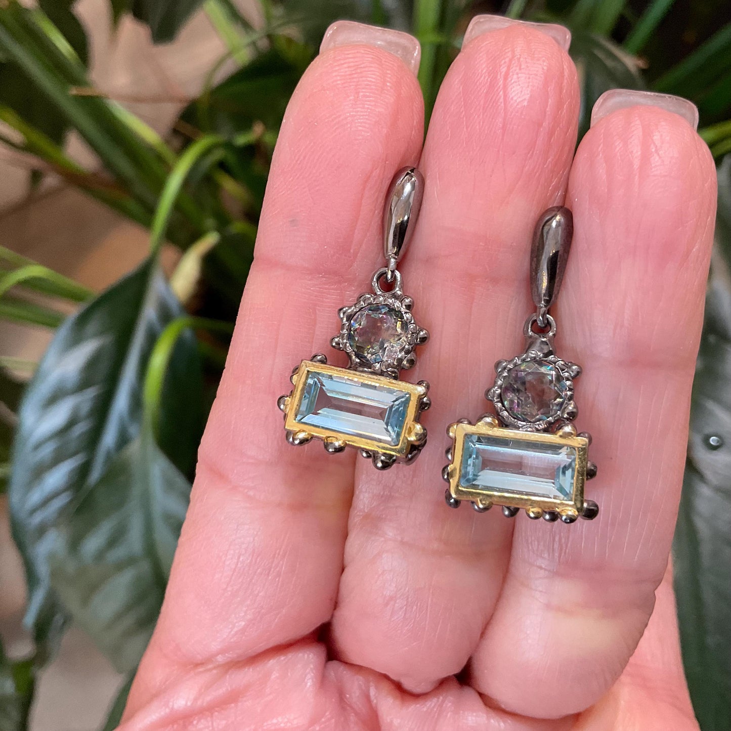 Sterling Silver blue topaz baguette dangle  earrings