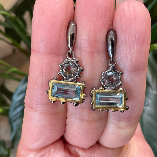 Sterling Silver blue topaz baguette dangle  earrings
