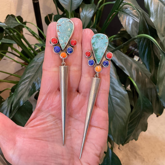 Sterling Silver turquoise coral long dangle spike earrings 4.5” long