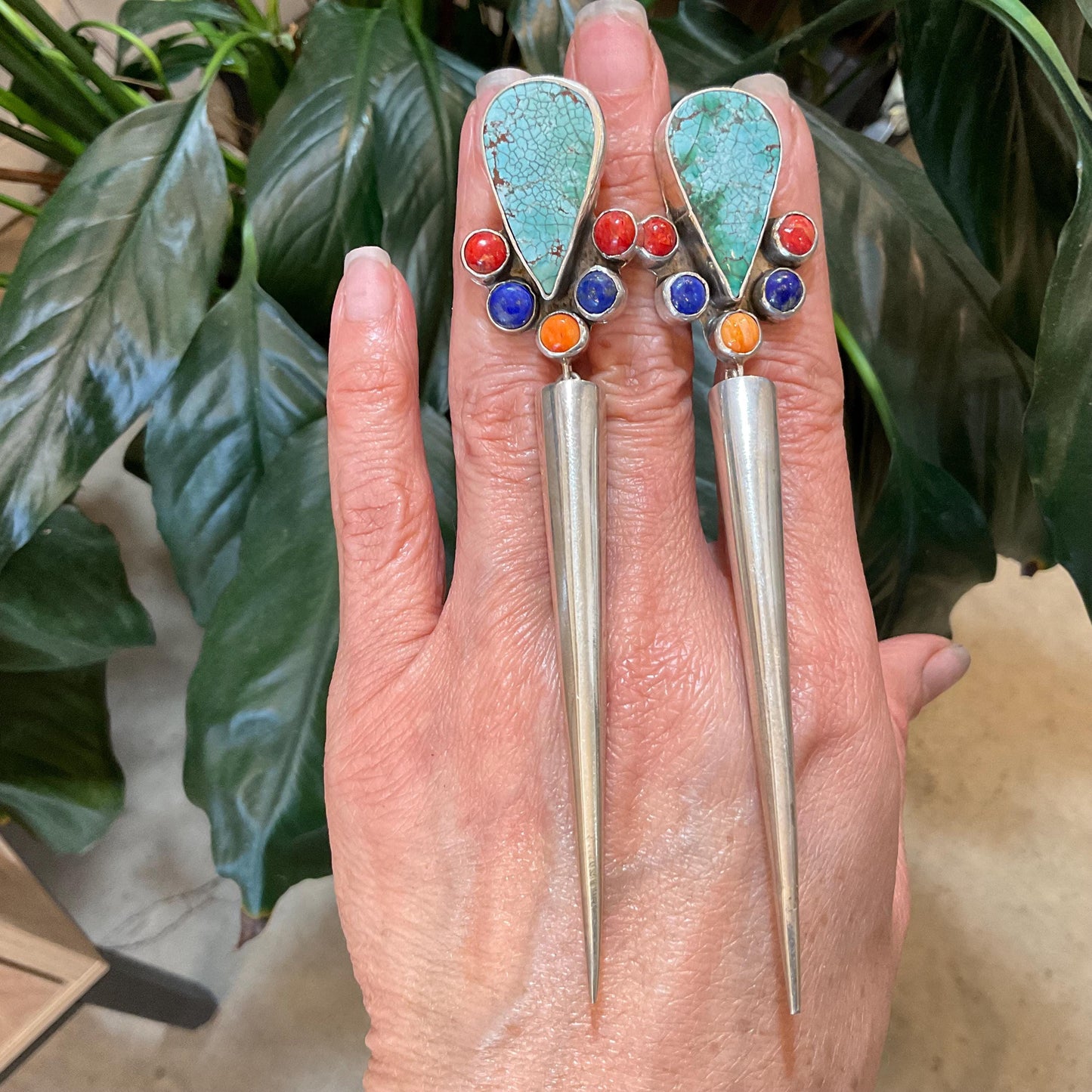 Sterling Silver turquoise coral long dangle spike earrings 4.5” long