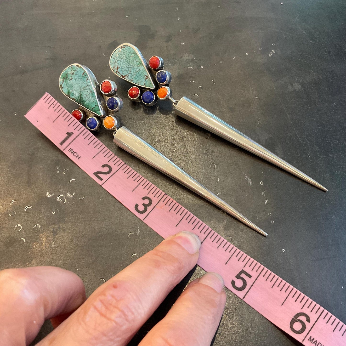 Sterling Silver turquoise coral long dangle spike earrings 4.5” long