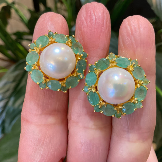 Sterling Silver natural white pearl Emerald statement post earrings