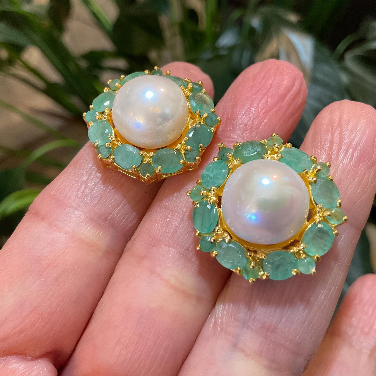 Sterling Silver natural white pearl Emerald statement post earrings