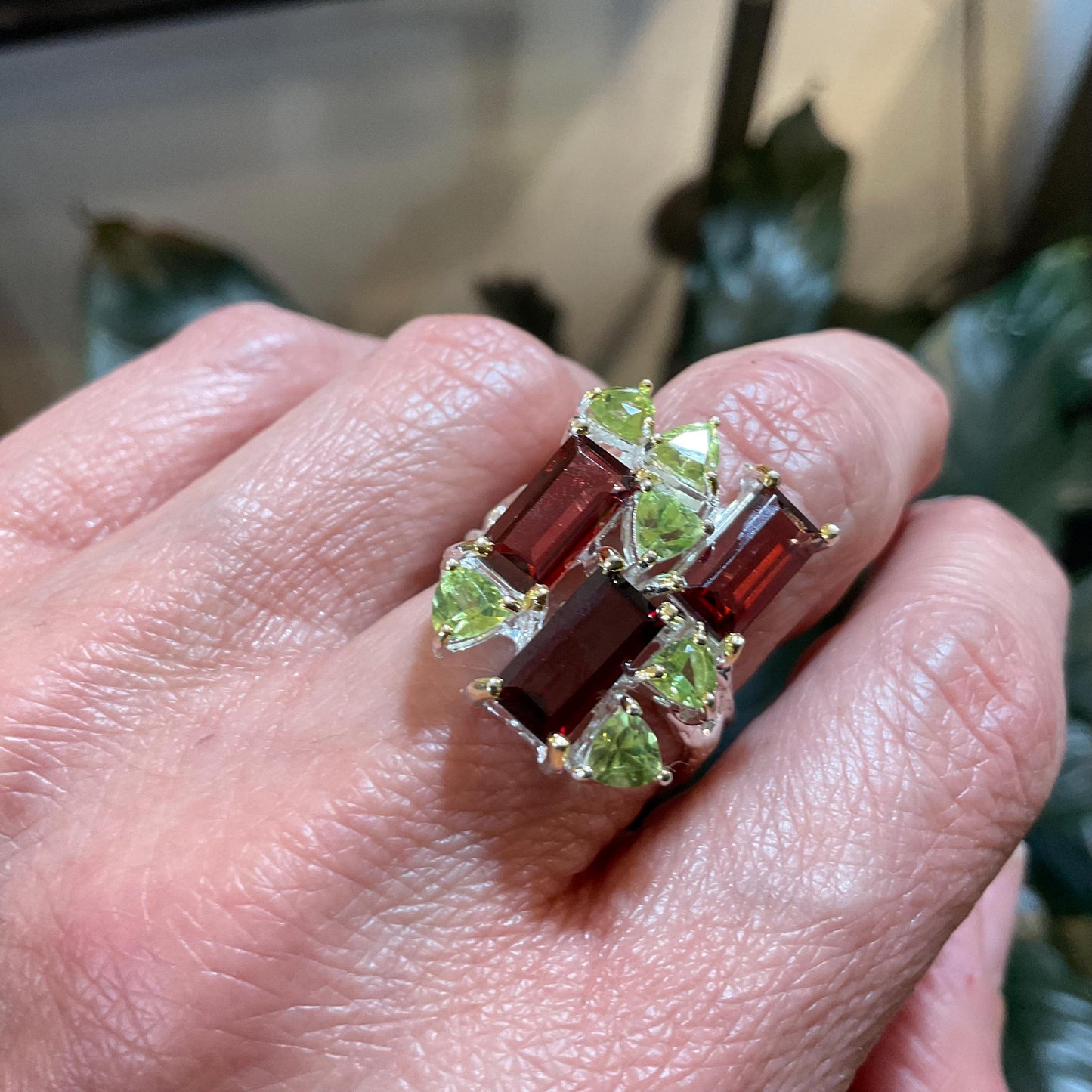 Sterling Silver Red garnet emerald cut peridot ring 8.5