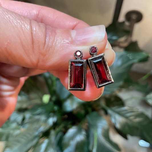 sterling Silver natural Red garnet baguette rhodolite post  earrings