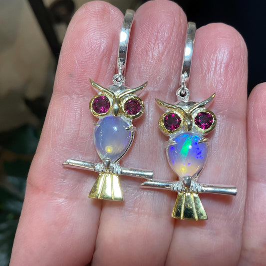 Sterling Silver natural rainbow Opal rhodolite owl dangle earrings