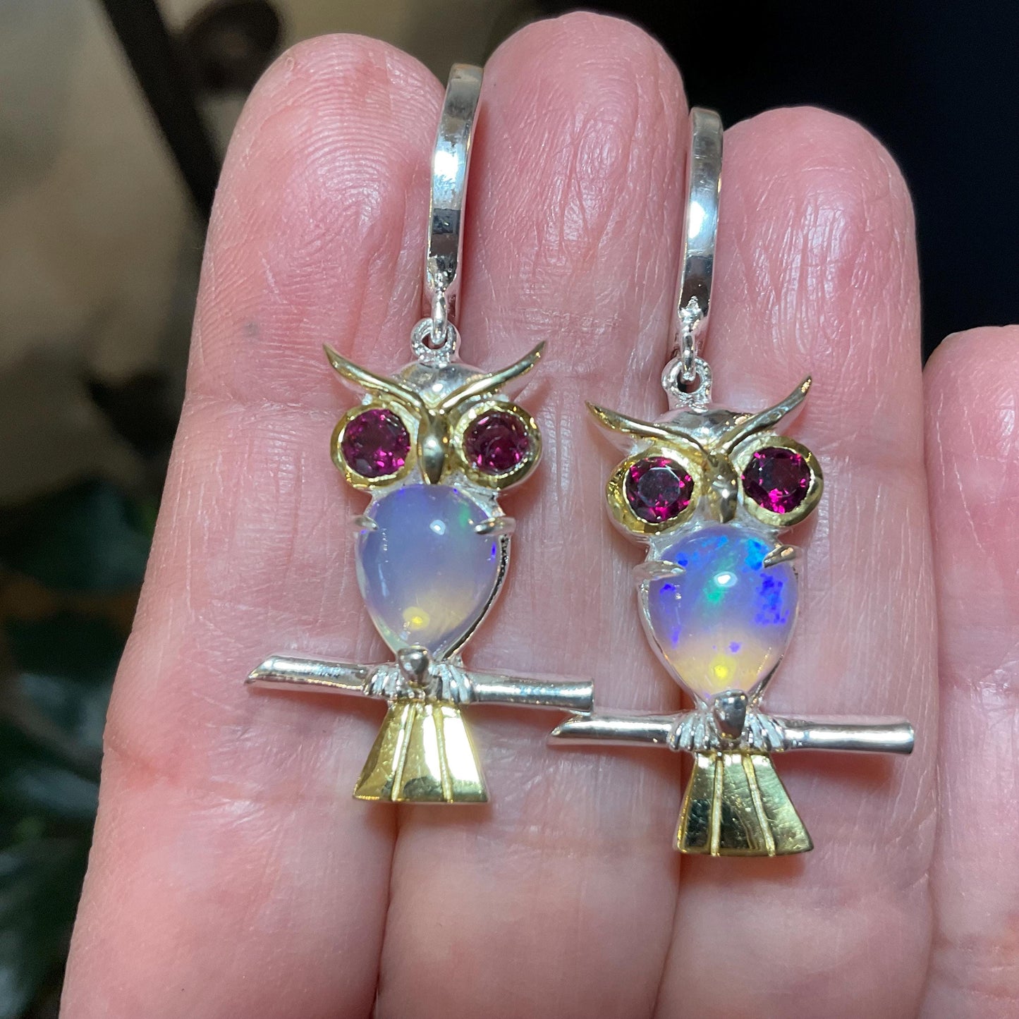 Sterling Silver natural rainbow Opal rhodolite owl dangle earrings
