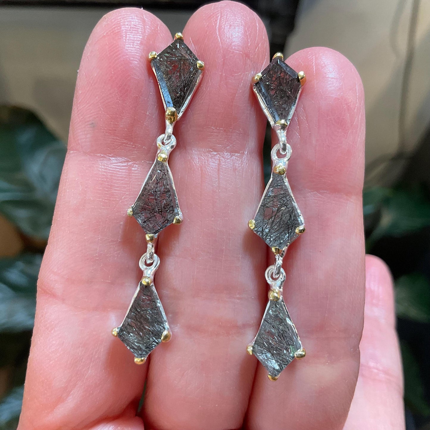 sterling silver Rutile quartz long dangle Artisan handmade earrings