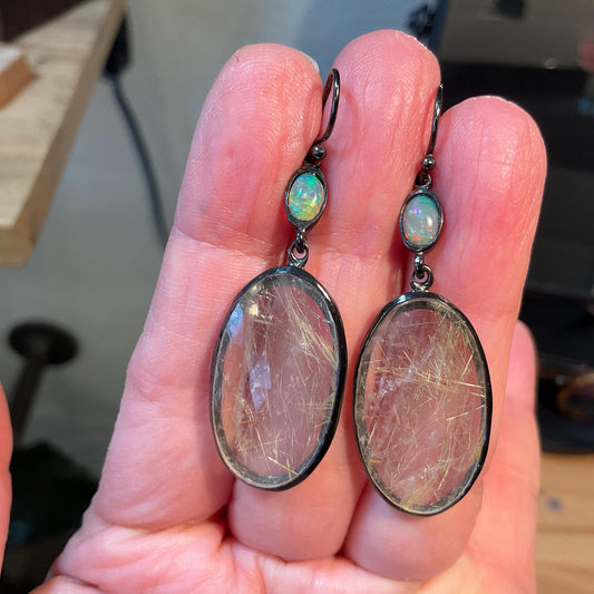 sterling silver statement rutilated quartz golden ribbon opal earrings
