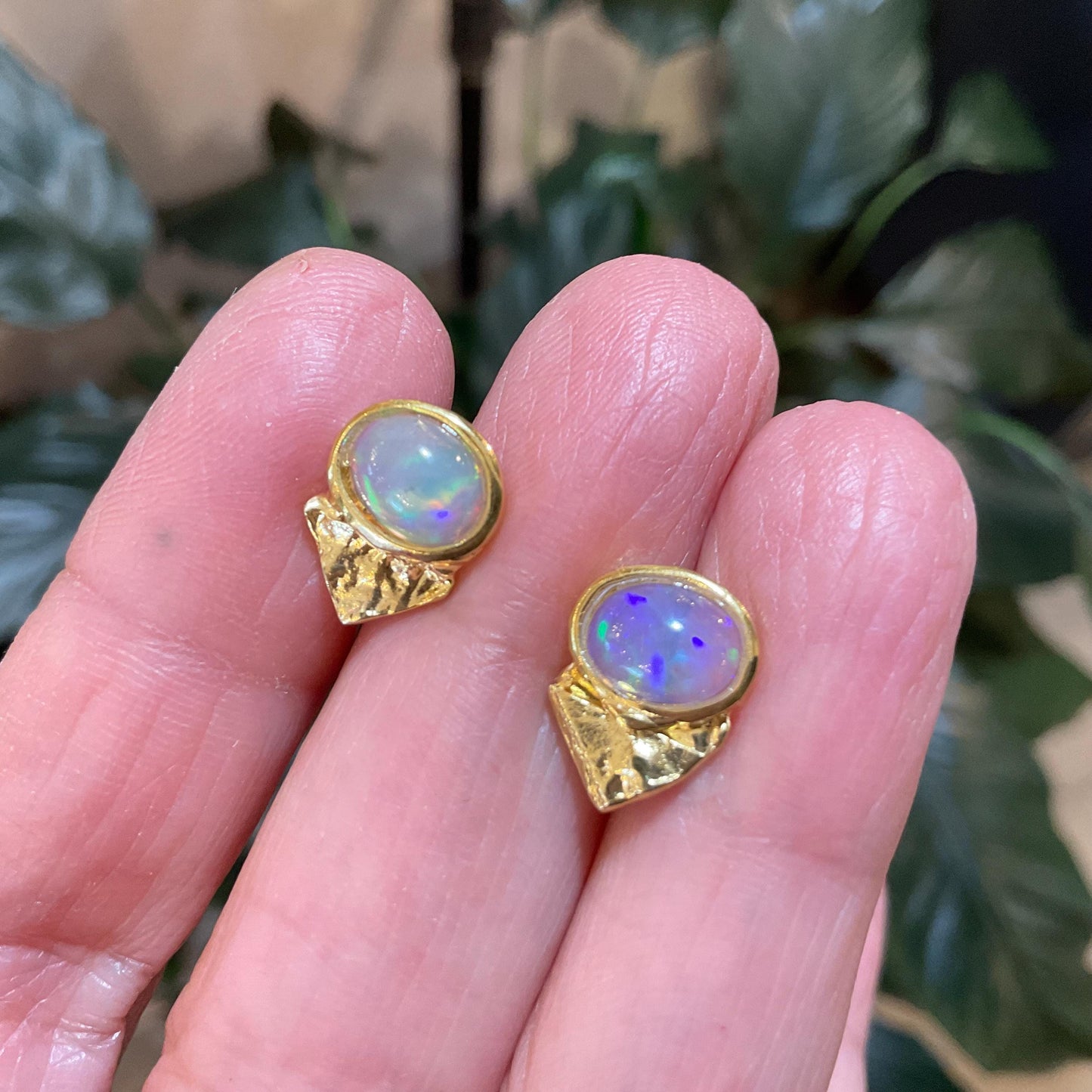 Sterling Silver Gold Natural rainbow opal Etnika stud earrings