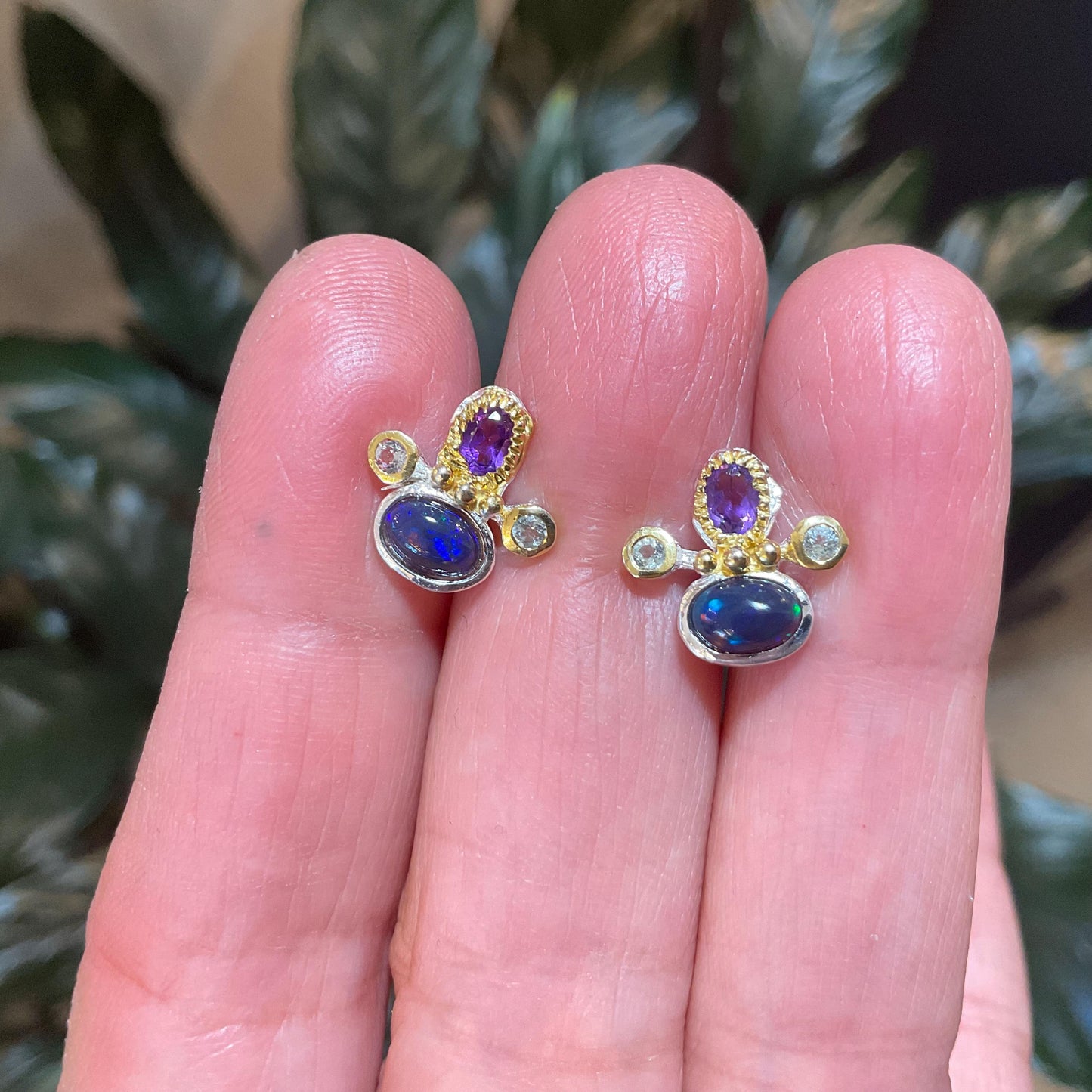 sterling silver rainbow natural opal amethyst Etnika Stud earrings