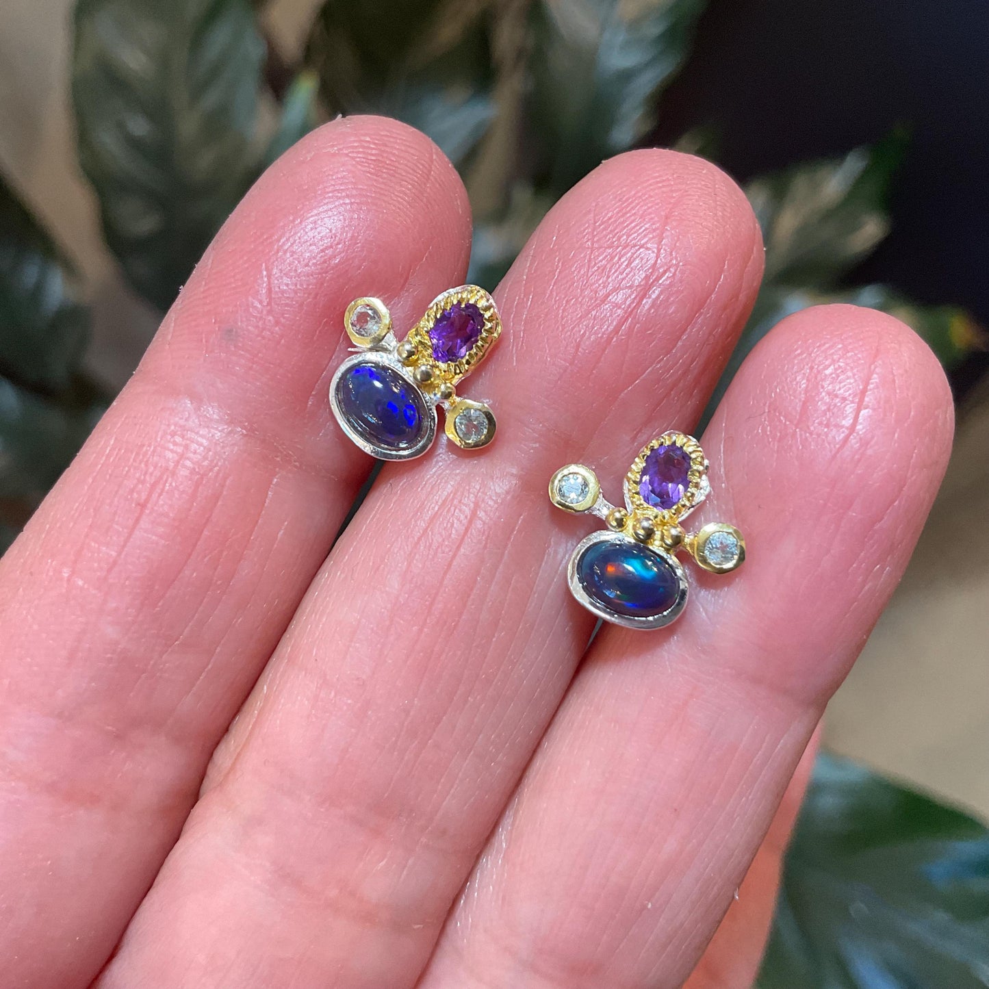 sterling silver rainbow natural opal amethyst Etnika Stud earrings