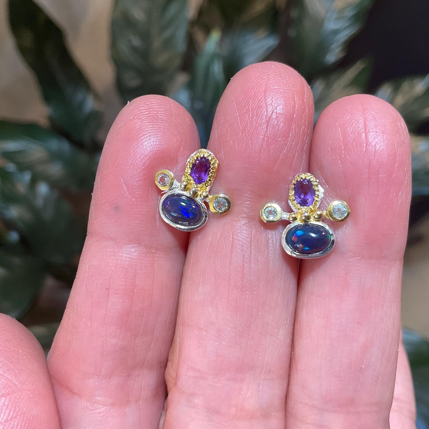 sterling silver rainbow natural opal amethyst Etnika Stud earrings
