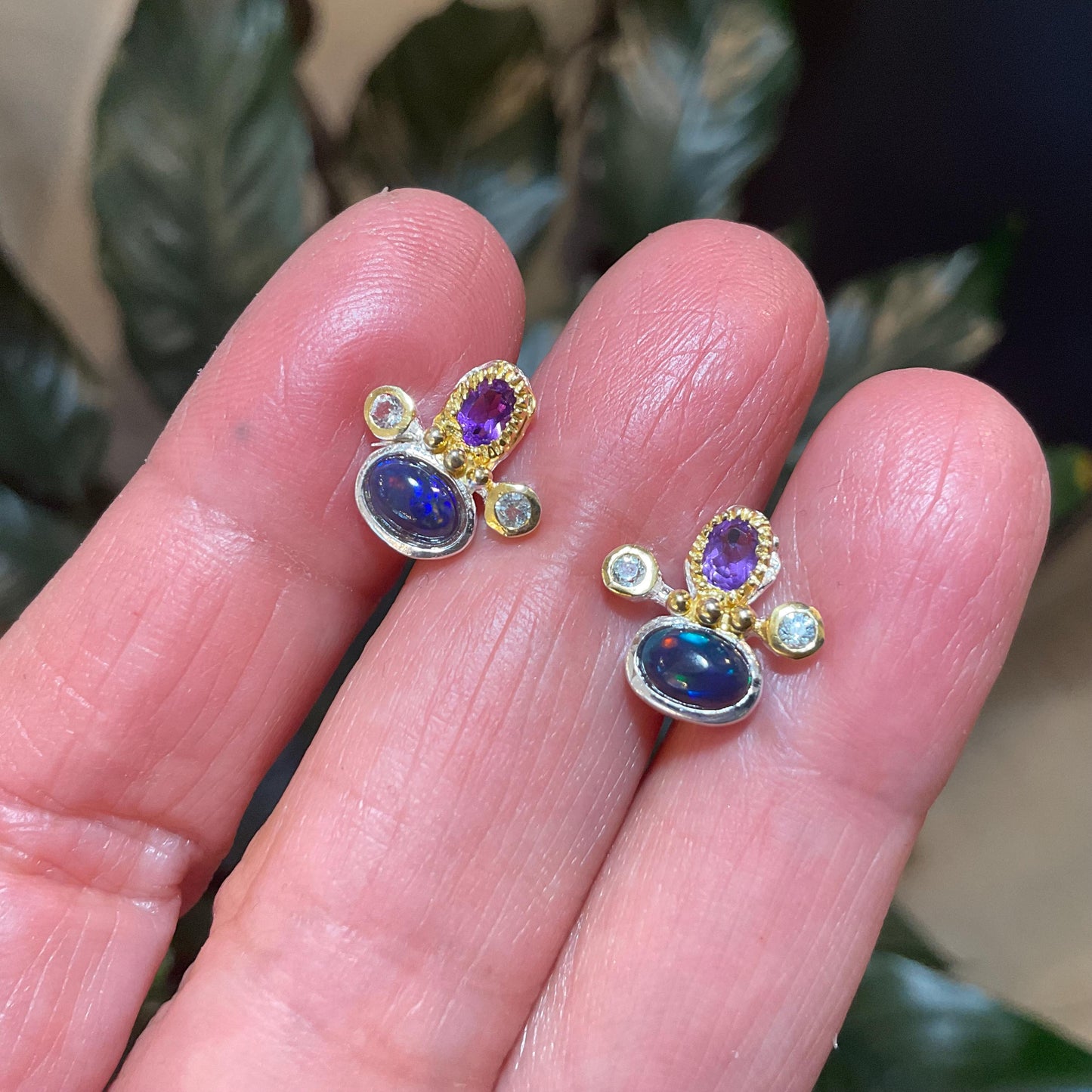 sterling silver rainbow natural opal amethyst Etnika Stud earrings
