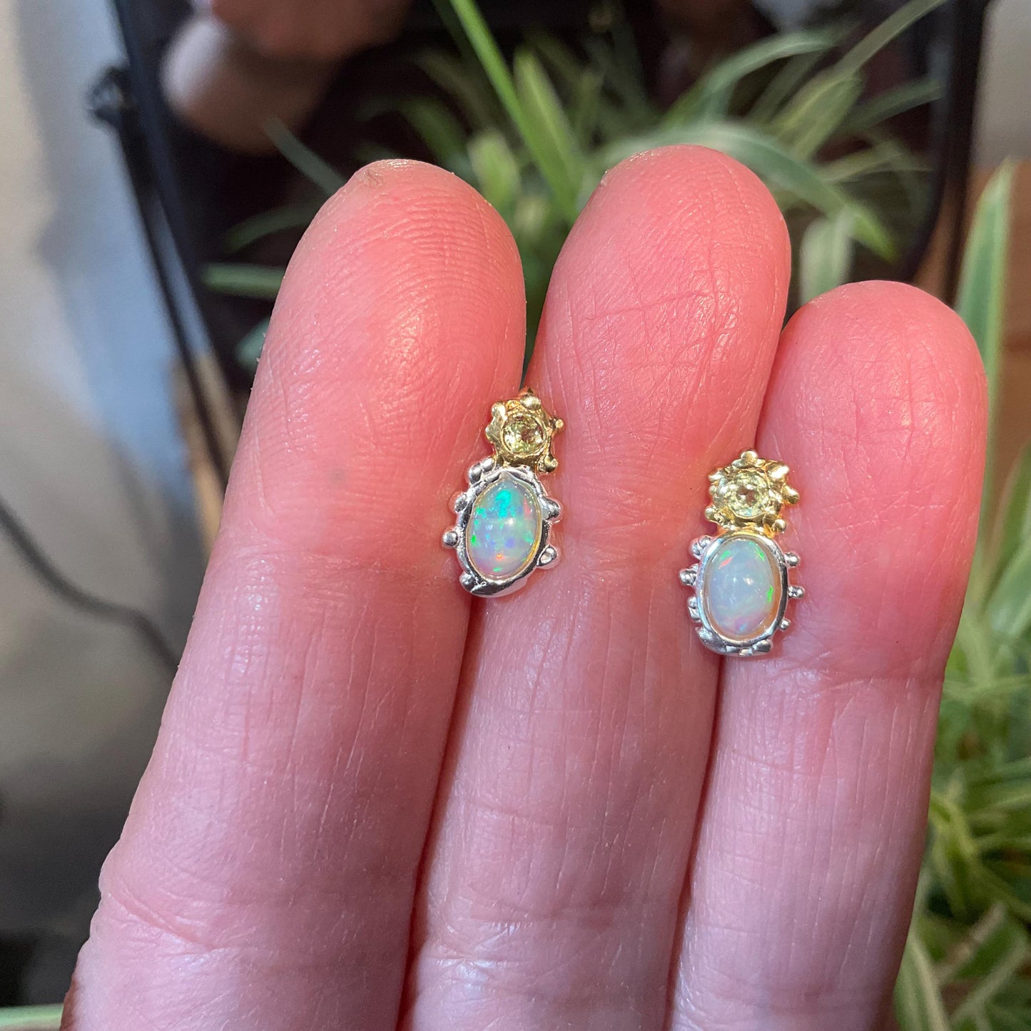 sterling silver rainbow natural opal modern art Stud peridot earrings