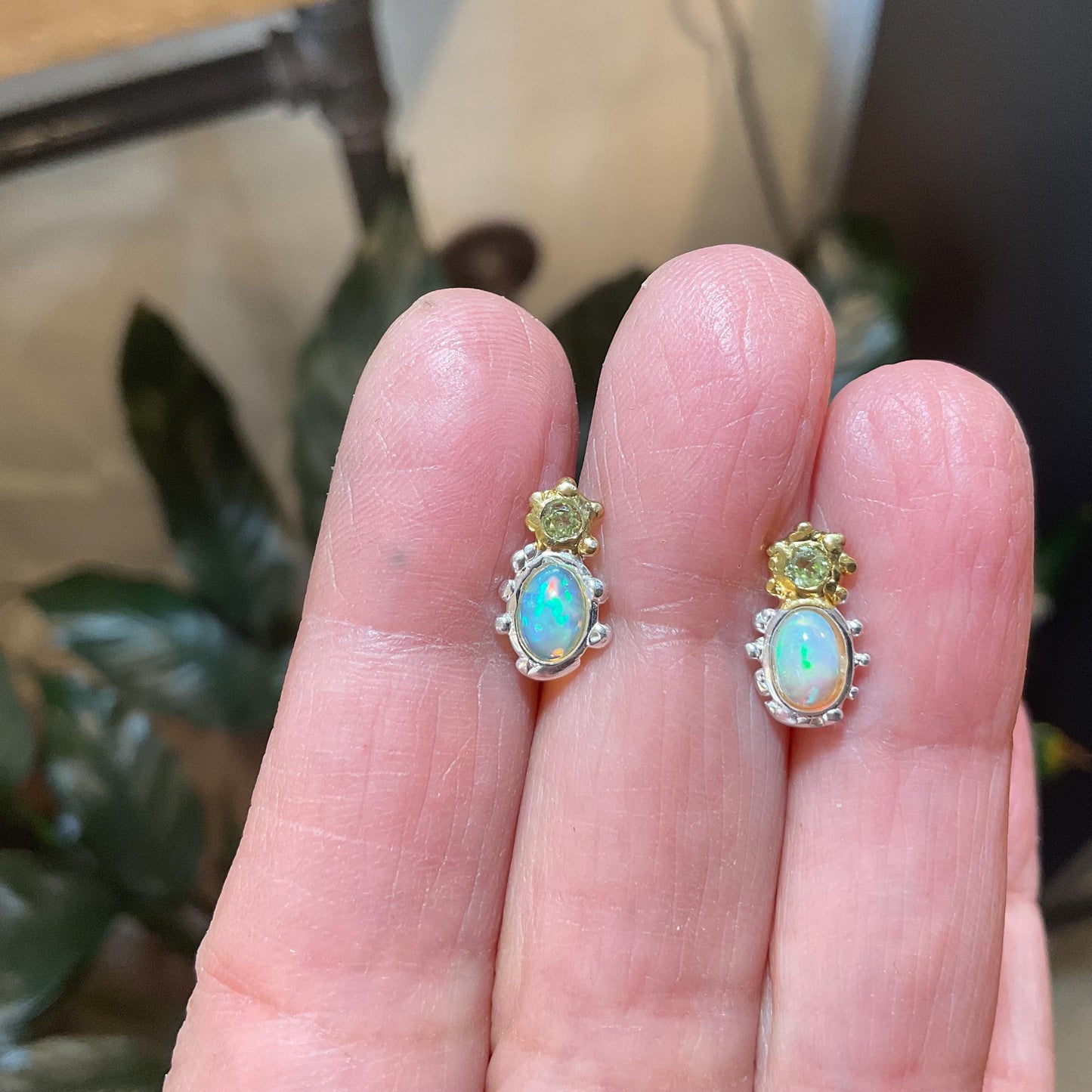 sterling silver rainbow natural opal modern art Stud peridot earrings