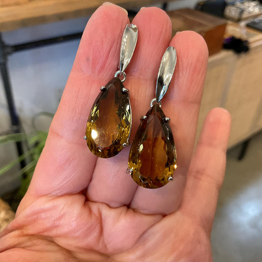Sterling silver large pear shape citrine dangle fancy large earrings