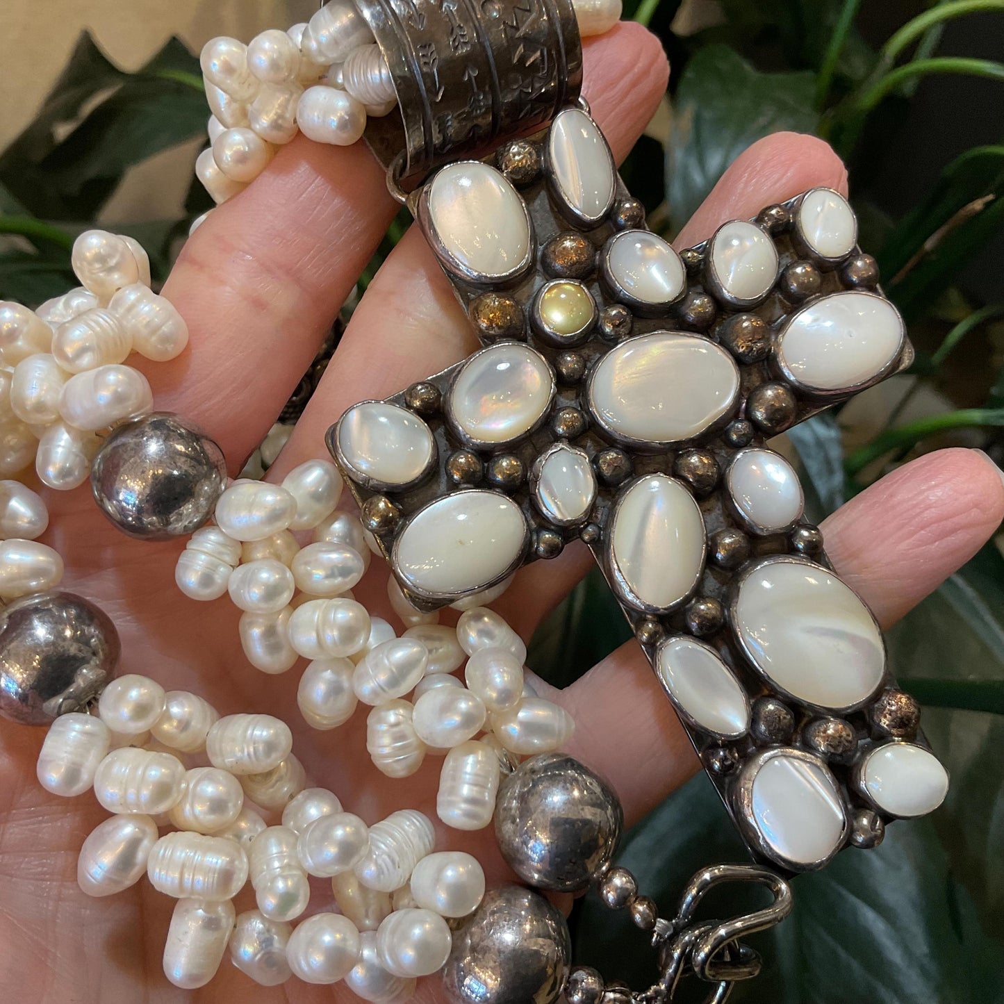 sterling silver Natural Pearl cross cat eye  Statement necklace