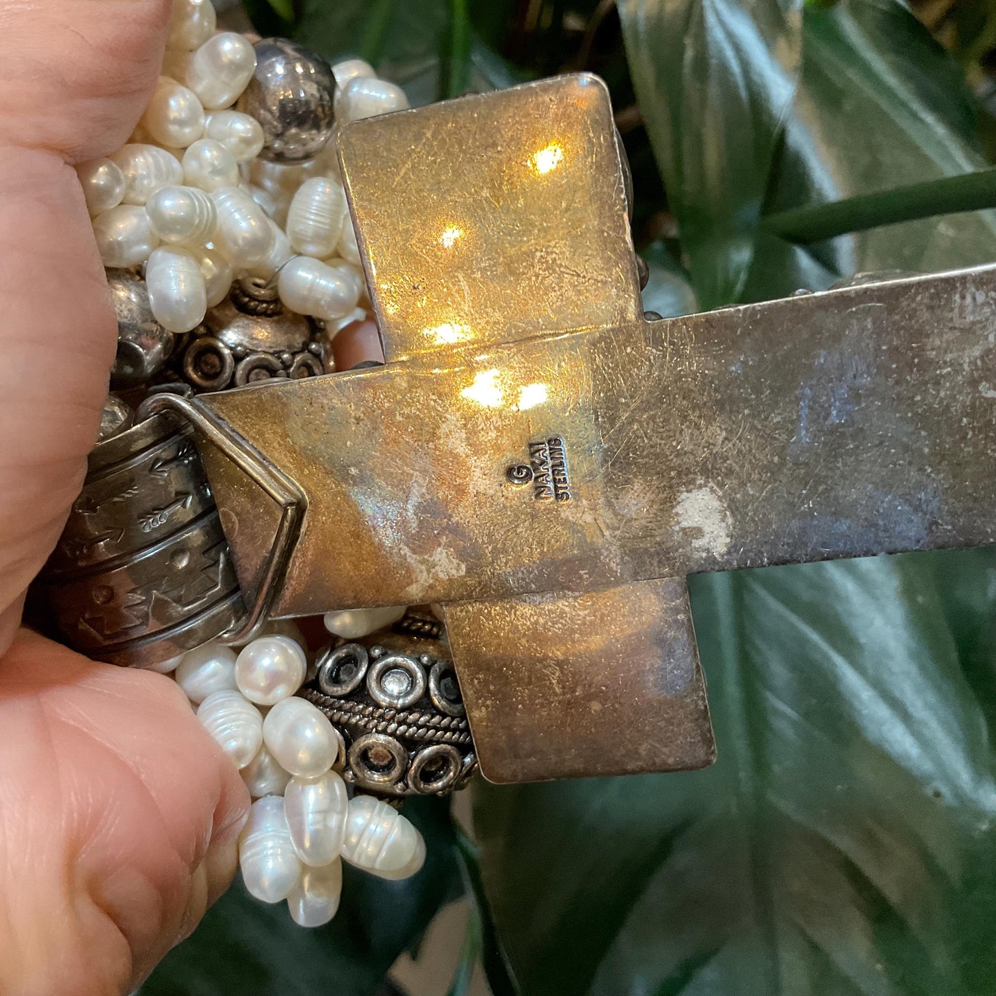 sterling silver Natural Pearl cross cat eye  Statement necklace